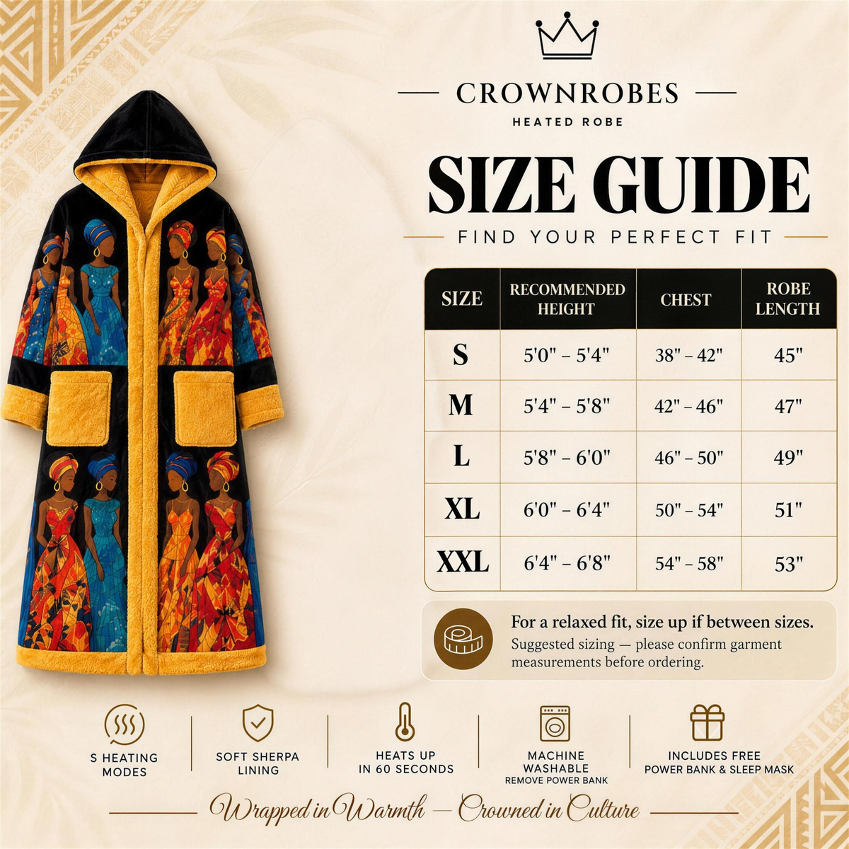 Crown Heated Robe size guide